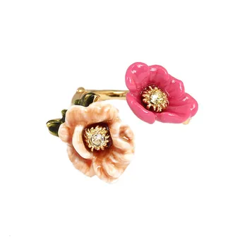 Žiemos sodas serijos emalio glazūra dviejų spalvų gėlių atidarymo auksu žiedas žiedas moterų saldus mados